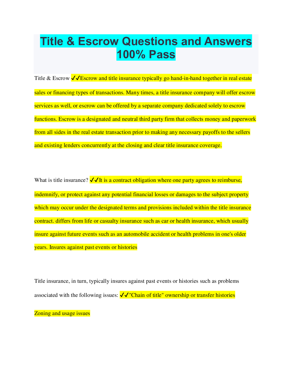 Title & Escrow Questions and Answers 100 Pass Browsegrades